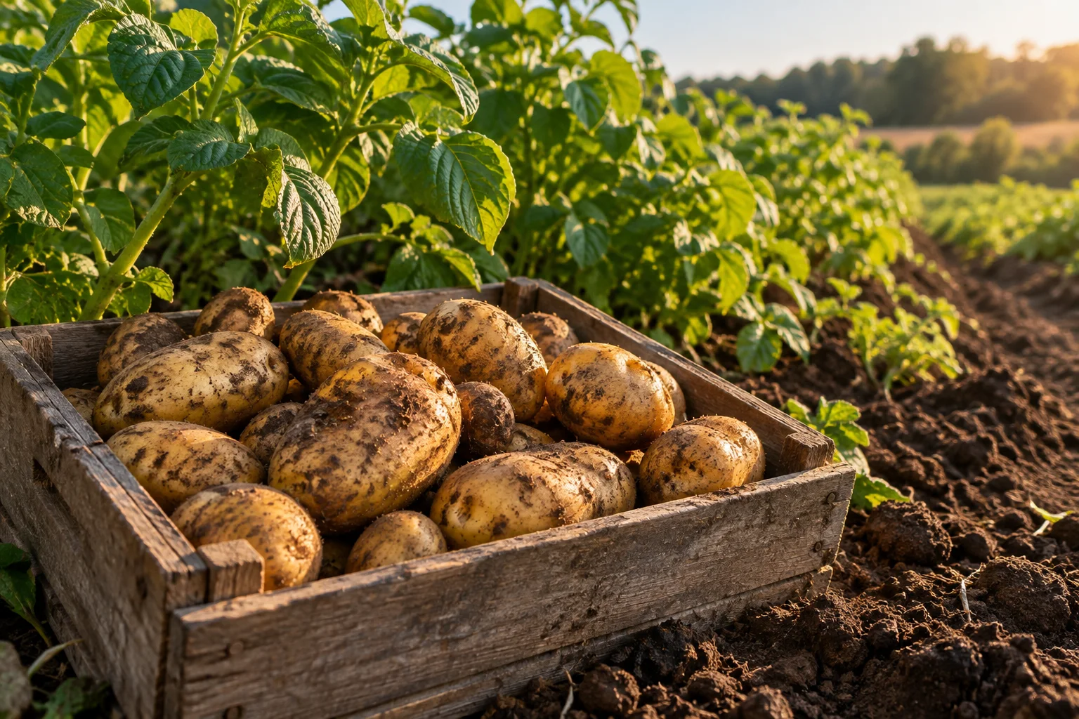 Illustrative freshly harvested potatoes in a wooden crate